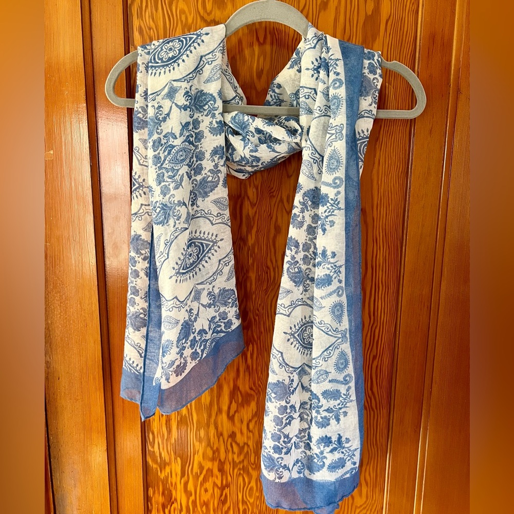 Gauzy blue and white scarf
